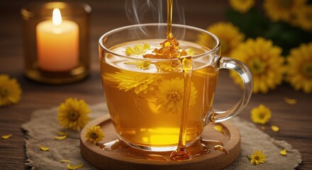 Warm Herbal Tea with Honey and Fresh Flowers in Cozy Setting Ideal for Relaxation and Wellness