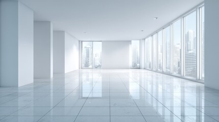 Fototapeta premium Bright Modern Empty Office Interior with Large Windows Overlooking Cityscape, Polished White Floors and Pillars