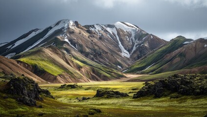 Obraz premium Majestic Icelandic Highlands: A Panorama of Verdant Mountains and Glacial Remnants