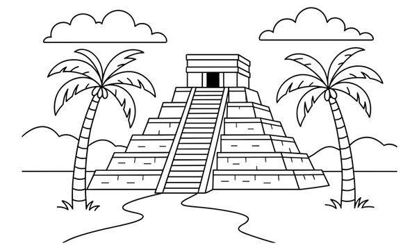 Ancient pyramid coloring page featuring step pyramid and palms for educational and creative activities