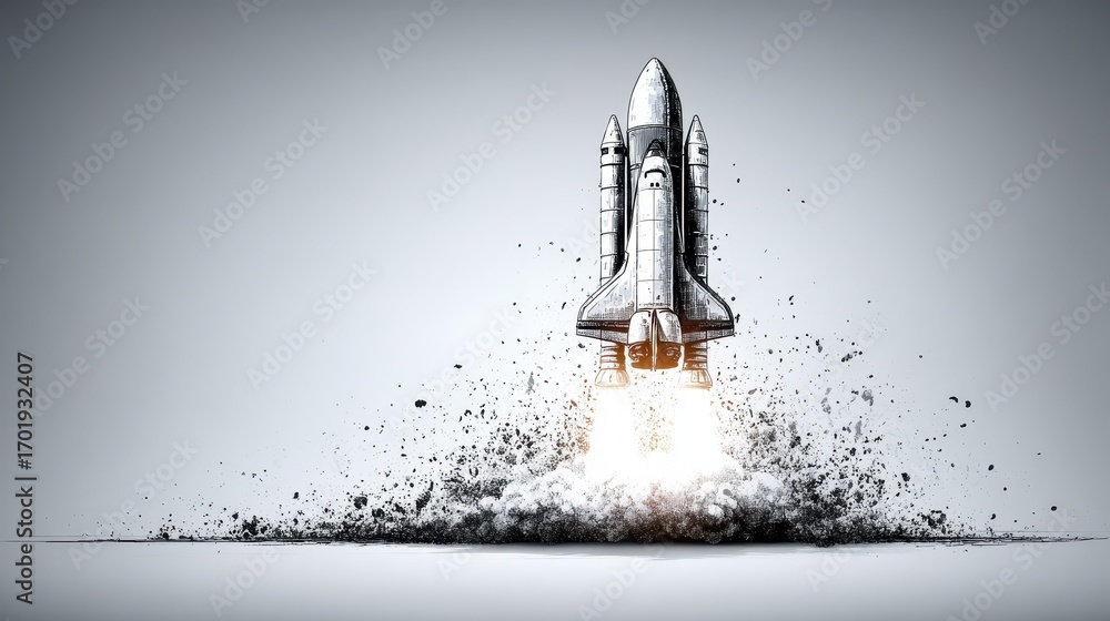 Poster pixelated space shuttle launching, creating a particle effect against a light gray background. focus