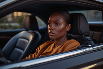 Obraz premium Young black woman with short hair driving a car