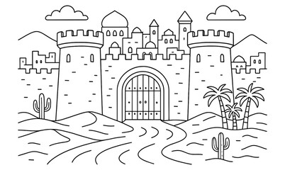 Illustration of a desert city gate with towers and domed rooftops for design use