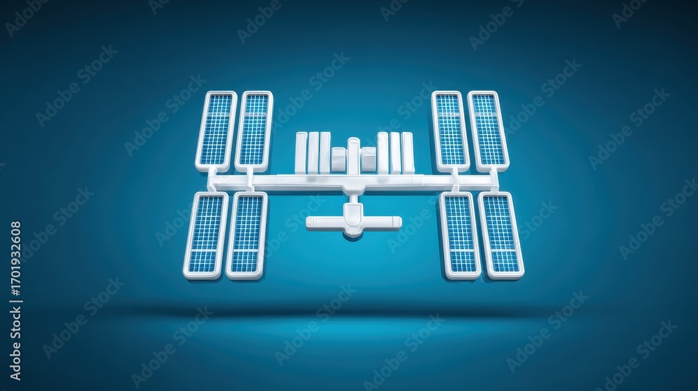 Poster a 3d model of a space station, white against a teal background. clean lines and simple design.
