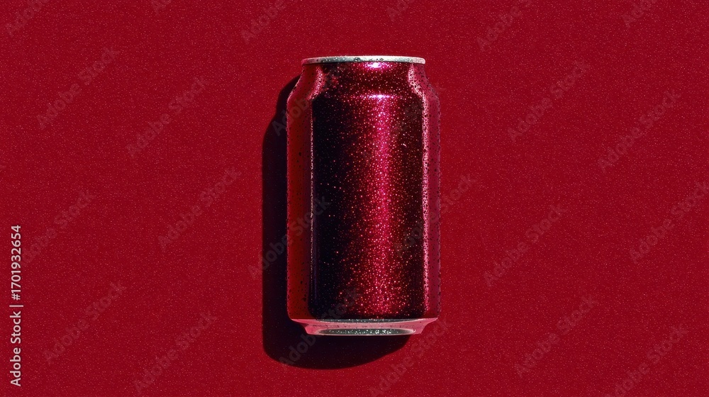 Poster A single, dark red metallic can rests on a matching red glitter background. The can casts a subtle shadow.
