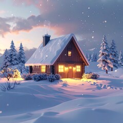 Fototapeta premium 3D render of a cozy, deserted cottage in a snowy landscape, with warm 