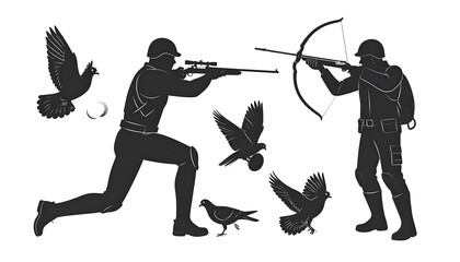 Fototapeta premium Silhouettes of soldiers hunting pigeons with rifles and bows, displaying a hunting scene.