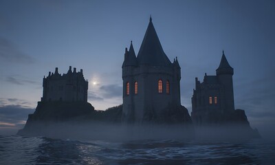Naklejka premium Castle with illuminated windows surrounded by mist on water at dusk