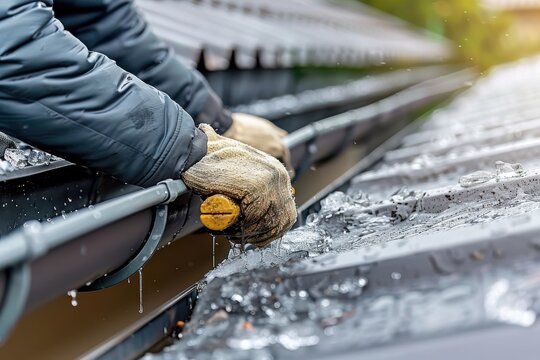 Gloved hands clearing ice from a roof gutter in winter. Cold weather home maintenance, repair, and installation work on frozen house drainage system.