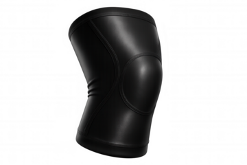 Close-up of a black knee support brace, providing stability and protection, isolated on a transparent background