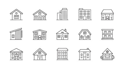 Collection of line icons depicting various house styles including bungalows apartments and mansions representing real estate architecture and home design