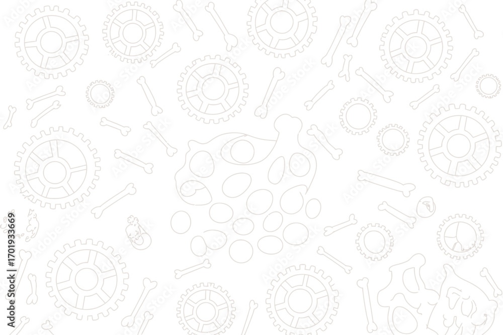 Poster white background featuring gears bones and skull in a scattered pattern with a faded translucent loo