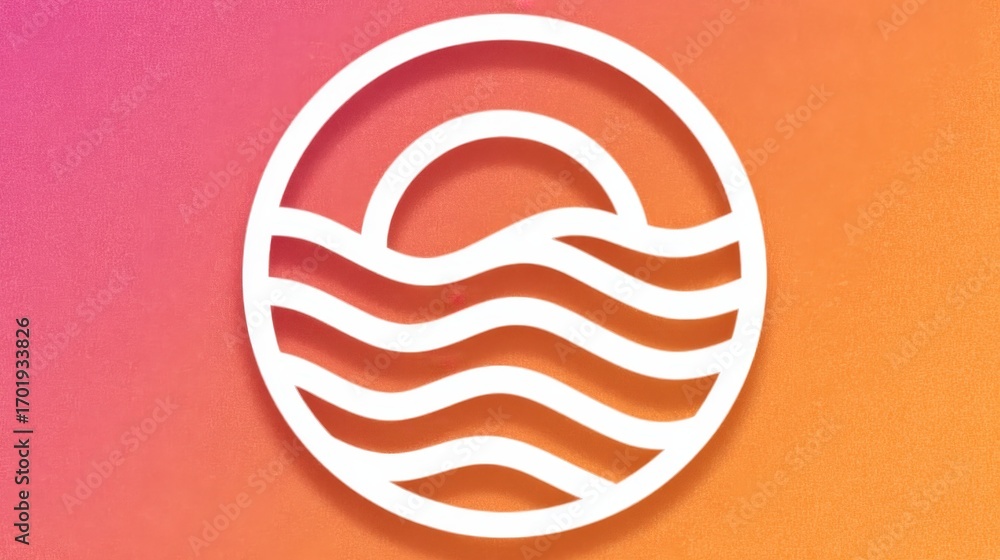 Poster simple graphic design of ocean waves and setting sun in a circle against a warm gradient background.