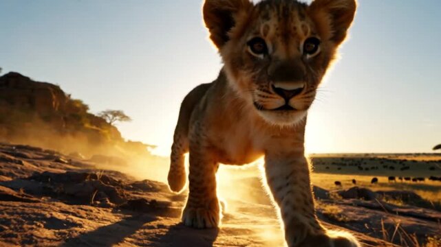 Lion cub strolling across the rocky terrain of Masai Mara National Park, Kenya, bathed in natural sunlight.