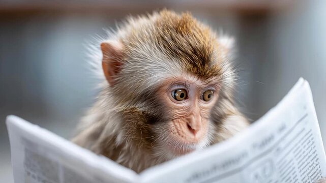 surprised capuchin monkey reading shocking news in newspaper