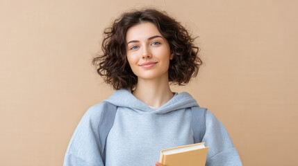 cheerful teenager in hoodie carries backpack and holds book radiating energy and readiness