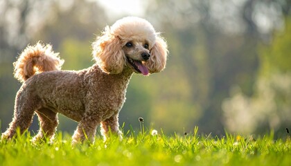 Here’s an original and vivid prompt for generating an image of a **Toy Poodle dog** with a green grass background:

---

**Prompt:**
*A fluffy Toy Poodle with a well-groomed, curly coat standing on a 