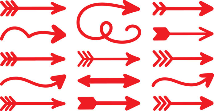 Collection of red arrows in various styles, including straight, curved, and double-headed, perfect for design and illustration projects