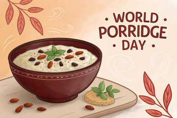 Bowl of porridge with almonds, mint, and chocolate chips—celebrating World Porridge Day and raising awareness for global hunger relief through a symbolic dish. generative ai