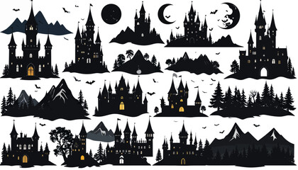 Spooky Silhouetted Castles and Mysterious Landscapes for Halloween and Fantasy Designs