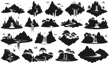 Creative set of isolated fantasy landscape icons featuring floating mountains, rivers, and waterfalls