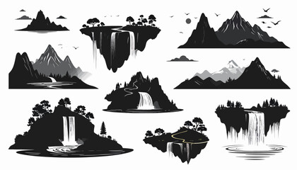 A collection of minimalist monochrome landscape illustrations, featuring majestic mountains, cascading waterfalls, and serene floating islands