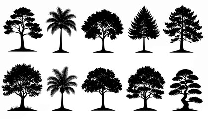 Elegant collection of diverse tree silhouettes, perfect for illustrating various natural landscapes and ecological design concepts in graphic projects
