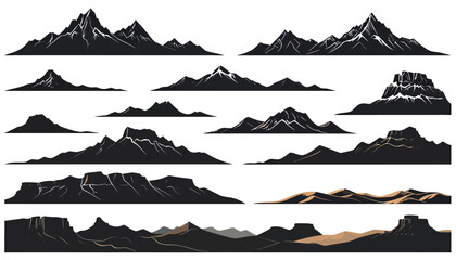 A diverse vector set of mountain range silhouettes, showcasing various geological formations like rocky peaks and mesas for graphic design