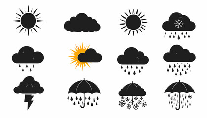 Weather Icons Sun, Cloud, Rain, Snow, and Umbrella Symbols
