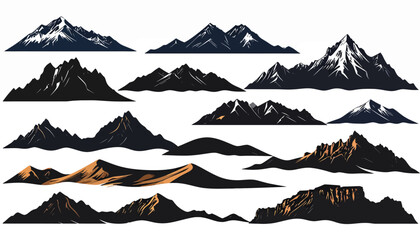 A diverse collection of stylized mountain ranges, featuring rugged peaks, snow-capped summits, and arid desert landscapes, perfect for nature-themed graphic design projects and adventurous backdrops