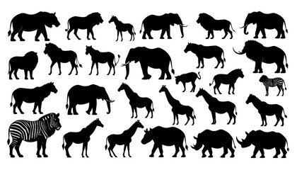 A comprehensive collection of African safari animal silhouettes, featuring elephants, lions, and zebras for wildlife design projects