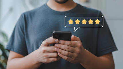 Smartphone App Feedback: A person interacts with a mobile phone, their action overlaid with a graphical representation of a five-star rating system, signifying the positive feedback for the software.