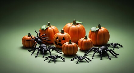 Decorative Halloween pumpkins with carved face and black plastic spider toys on green background