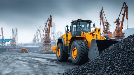 Front End Loader at Construction Site with Cranes and Overcast Sky for Industrial Projects