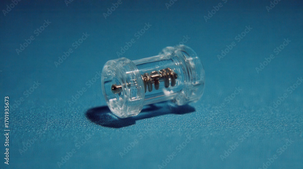 Poster close up of a small, clear cylindrical object with internal gold components, resting on a textured b