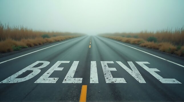 Empty road with the word believe painted in large white letters on asphalt