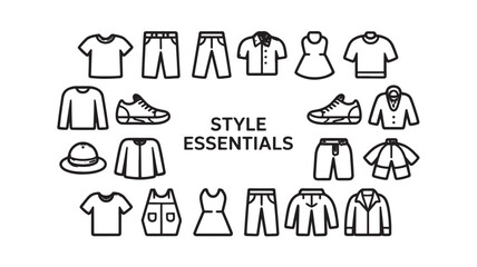 Collection of style essentials icons including t-shirts pants dresses shoes and jackets representing fashion clothing and wardrobe