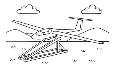 Obraz premium Glider coloring page for kids featuring simple design with scenic mountain background and clouds