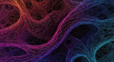 An abstract digital rendering of a complex, interconnected network of vibrant, colorful, glowing filaments.