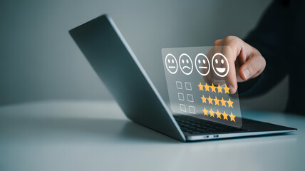 Customer Satisfaction Assessment: A close-up perspective of a hand selecting a smiley face in the customer feedback survey, highlighting the pursuit of excellent service.