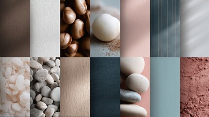 Collage of various natural textures and colored stones arranged in a grid