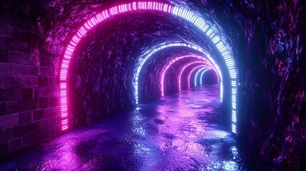 A vibrant neon tunnel with arching pathways glows with fuchsia and blue lights, reflecting on a wet stone floor.