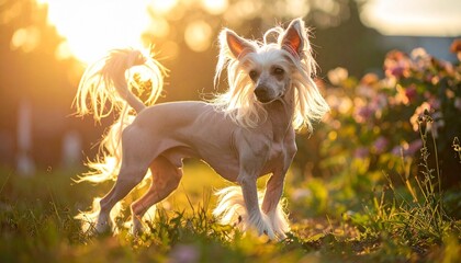 Here’s an original and detailed prompt for generating an image of a **Chinese Crested dog** in sunlight:

---

**Prompt:**
*A Chinese Crested dog standing gracefully in a sunlit garden during golden h