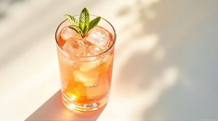 Naklejka premium Glass of iced amber-colored beverage with fresh mint leaf garnish on white surface