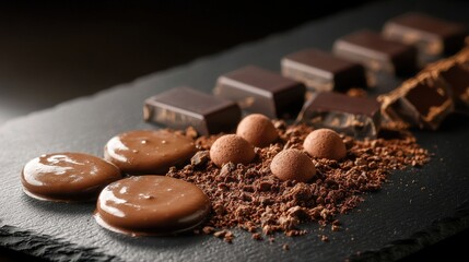 Deconstructed dessert elements featuring chocolate components on black slate plate with glossy ganache quenelles dark chocolate triangular shards cocoa powder soil chocolate truffles artistic plating
