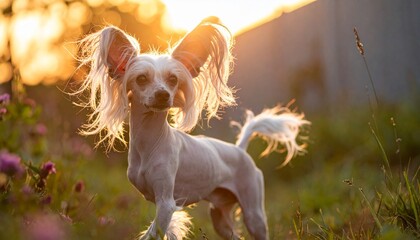 Here’s an original and detailed prompt for generating an image of a **Chinese Crested dog** in sunlight:

---

**Prompt:**
*A Chinese Crested dog standing gracefully in a sunlit garden during golden h