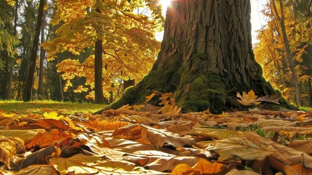 Golden autumn leaves carpet the forest floor around a majestic tree trunk, bathed in warm sunlight during fall season.