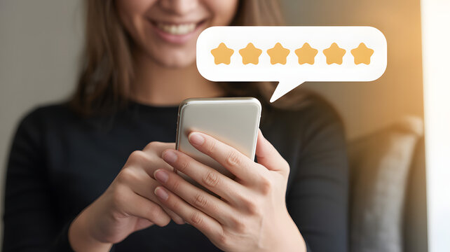 Digital Review: A user, filled with contentment, holds their phone, a glowing speech bubble showcasing a five-star rating indicating the satisfaction of her experience.