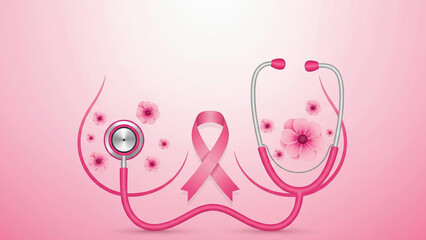 Stethoscope forming a breast shape with a pink ribbon for cancer awareness. Concept of medical check-ups, screening, and prevention.