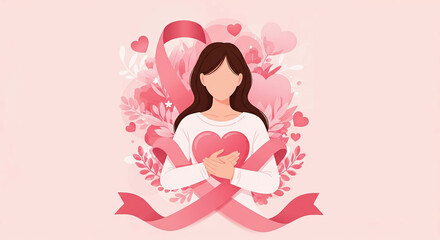 Faceless woman holding a heart for breast cancer awareness. Illustration of love, self-care, and hope with pink ribbon.